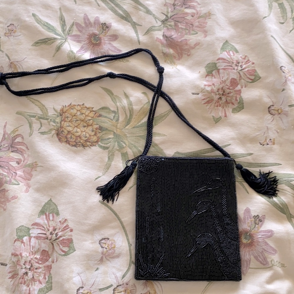 Black beaded evening bag with 2 tassels